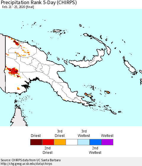 Papua New Guinea Precipitation Rank since 1981, 5-Day (CHIRPS) Thematic Map For 2/21/2020 - 2/25/2020