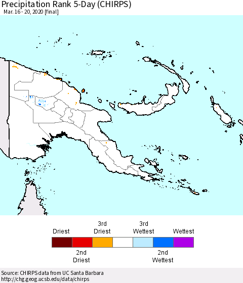 Papua New Guinea Precipitation Rank since 1981, 5-Day (CHIRPS) Thematic Map For 3/16/2020 - 3/20/2020