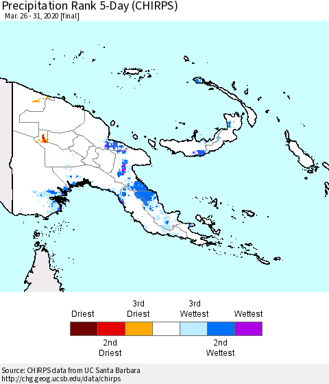 Papua New Guinea Precipitation Rank since 1981, 5-Day (CHIRPS) Thematic Map For 3/26/2020 - 3/31/2020