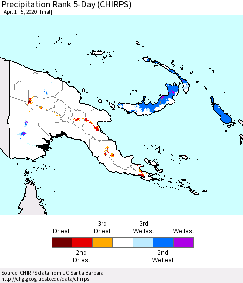Papua New Guinea Precipitation Rank since 1981, 5-Day (CHIRPS) Thematic Map For 4/1/2020 - 4/5/2020
