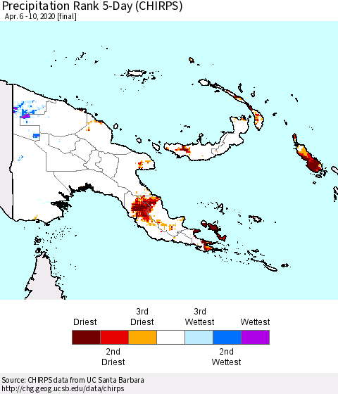 Papua New Guinea Precipitation Rank since 1981, 5-Day (CHIRPS) Thematic Map For 4/6/2020 - 4/10/2020