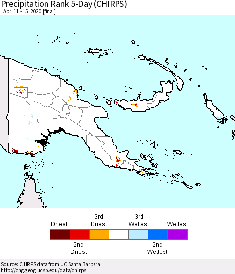 Papua New Guinea Precipitation Rank since 1981, 5-Day (CHIRPS) Thematic Map For 4/11/2020 - 4/15/2020
