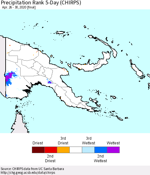 Papua New Guinea Precipitation Rank since 1981, 5-Day (CHIRPS) Thematic Map For 4/26/2020 - 4/30/2020