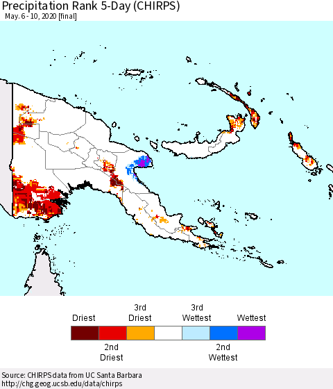 Papua New Guinea Precipitation Rank since 1981, 5-Day (CHIRPS) Thematic Map For 5/6/2020 - 5/10/2020