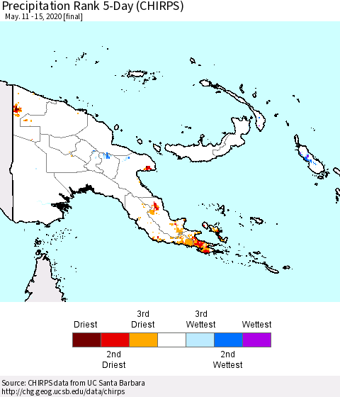 Papua New Guinea Precipitation Rank since 1981, 5-Day (CHIRPS) Thematic Map For 5/11/2020 - 5/15/2020