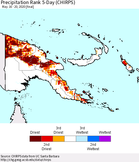 Papua New Guinea Precipitation Rank since 1981, 5-Day (CHIRPS) Thematic Map For 5/16/2020 - 5/20/2020