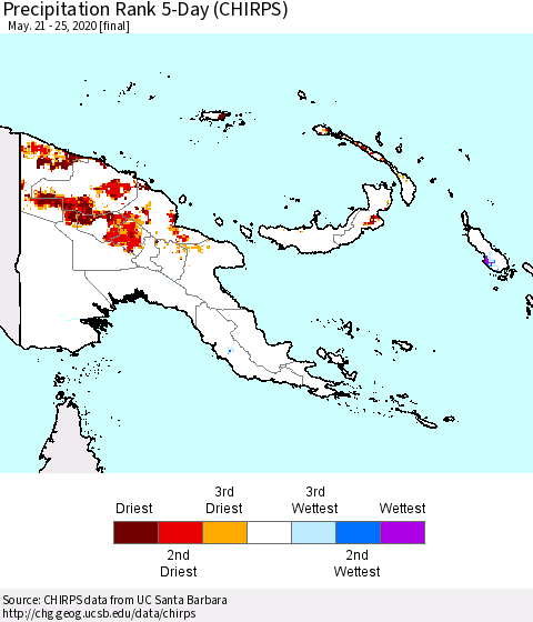 Papua New Guinea Precipitation Rank since 1981, 5-Day (CHIRPS) Thematic Map For 5/21/2020 - 5/25/2020