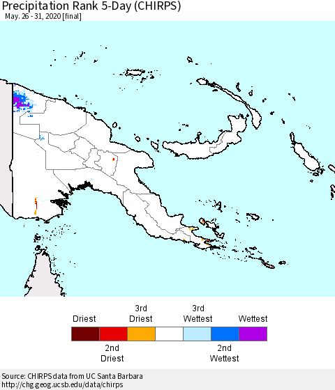Papua New Guinea Precipitation Rank since 1981, 5-Day (CHIRPS) Thematic Map For 5/26/2020 - 5/31/2020