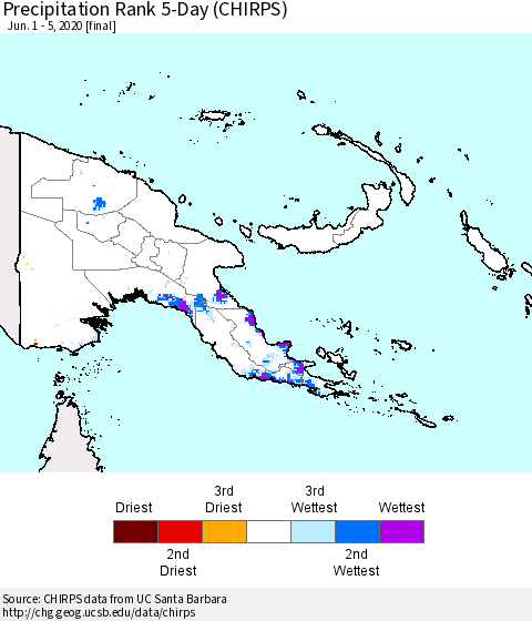 Papua New Guinea Precipitation Rank since 1981, 5-Day (CHIRPS) Thematic Map For 6/1/2020 - 6/5/2020