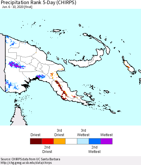 Papua New Guinea Precipitation Rank since 1981, 5-Day (CHIRPS) Thematic Map For 6/6/2020 - 6/10/2020