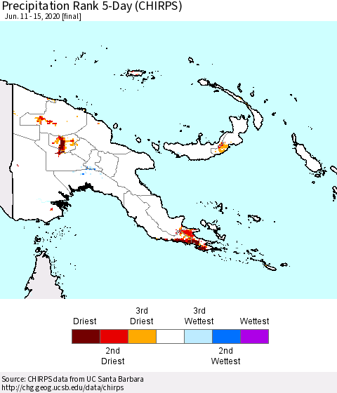 Papua New Guinea Precipitation Rank since 1981, 5-Day (CHIRPS) Thematic Map For 6/11/2020 - 6/15/2020