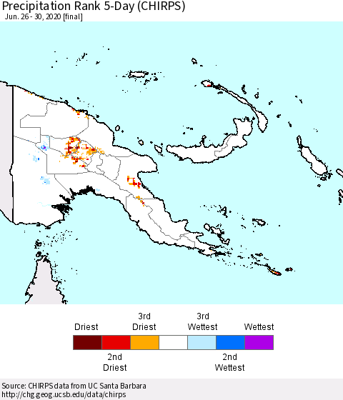 Papua New Guinea Precipitation Rank since 1981, 5-Day (CHIRPS) Thematic Map For 6/26/2020 - 6/30/2020