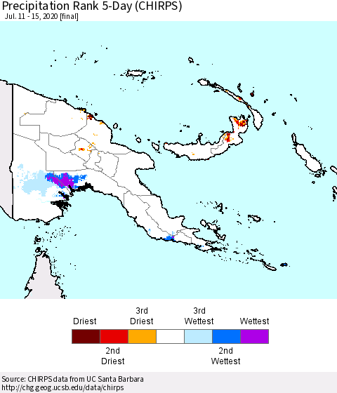 Papua New Guinea Precipitation Rank since 1981, 5-Day (CHIRPS) Thematic Map For 7/11/2020 - 7/15/2020