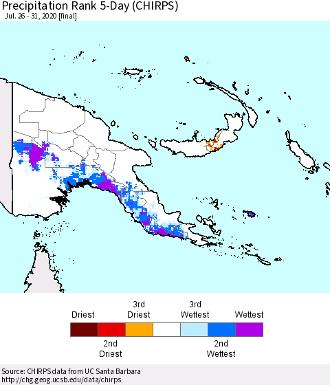 Papua New Guinea Precipitation Rank since 1981, 5-Day (CHIRPS) Thematic Map For 7/26/2020 - 7/31/2020