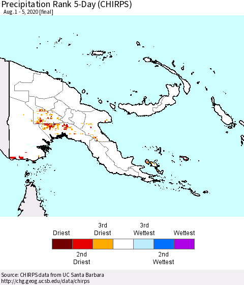Papua New Guinea Precipitation Rank since 1981, 5-Day (CHIRPS) Thematic Map For 8/1/2020 - 8/5/2020
