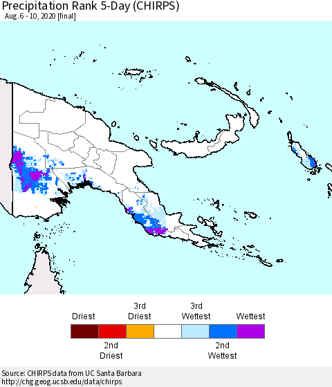 Papua New Guinea Precipitation Rank since 1981, 5-Day (CHIRPS) Thematic Map For 8/6/2020 - 8/10/2020