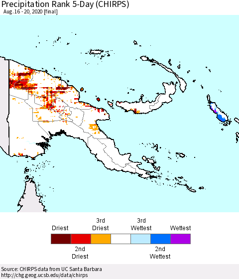 Papua New Guinea Precipitation Rank since 1981, 5-Day (CHIRPS) Thematic Map For 8/16/2020 - 8/20/2020