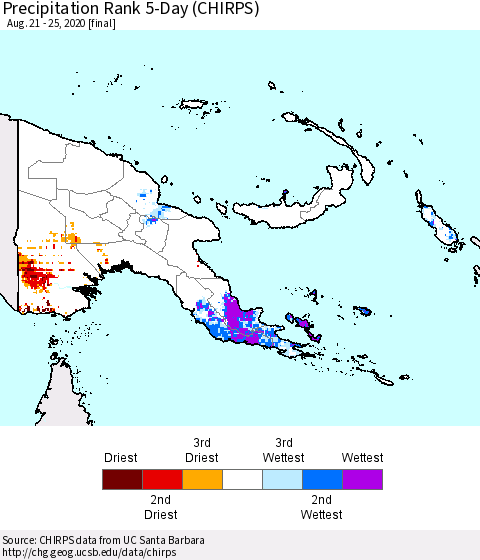 Papua New Guinea Precipitation Rank since 1981, 5-Day (CHIRPS) Thematic Map For 8/21/2020 - 8/25/2020