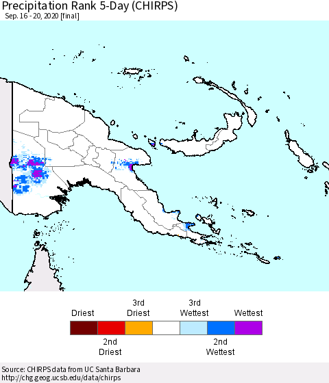 Papua New Guinea Precipitation Rank since 1981, 5-Day (CHIRPS) Thematic Map For 9/16/2020 - 9/20/2020