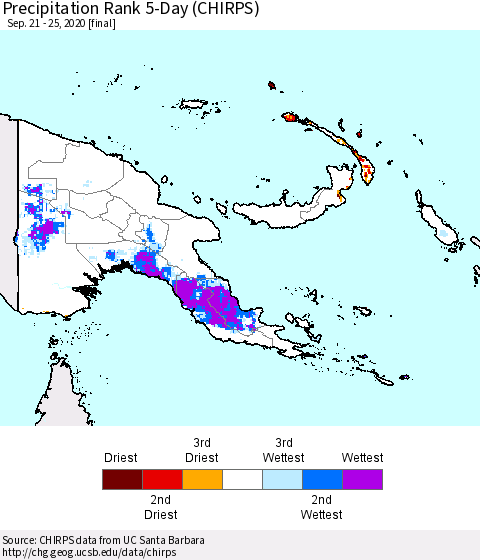 Papua New Guinea Precipitation Rank since 1981, 5-Day (CHIRPS) Thematic Map For 9/21/2020 - 9/25/2020