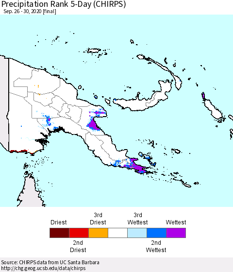 Papua New Guinea Precipitation Rank since 1981, 5-Day (CHIRPS) Thematic Map For 9/26/2020 - 9/30/2020