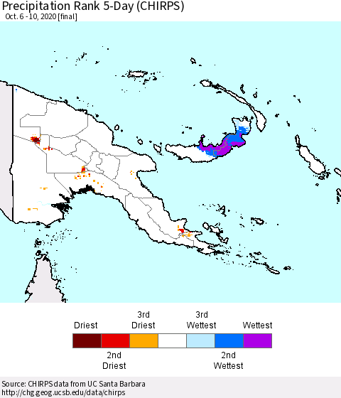 Papua New Guinea Precipitation Rank since 1981, 5-Day (CHIRPS) Thematic Map For 10/6/2020 - 10/10/2020