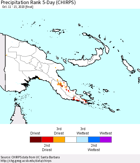 Papua New Guinea Precipitation Rank since 1981, 5-Day (CHIRPS) Thematic Map For 10/11/2020 - 10/15/2020