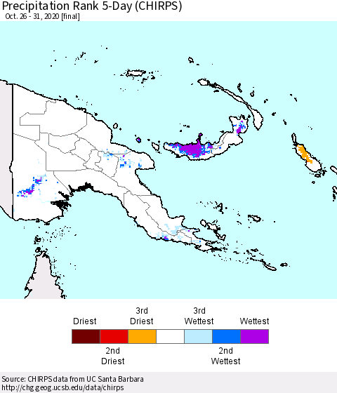 Papua New Guinea Precipitation Rank since 1981, 5-Day (CHIRPS) Thematic Map For 10/26/2020 - 10/31/2020