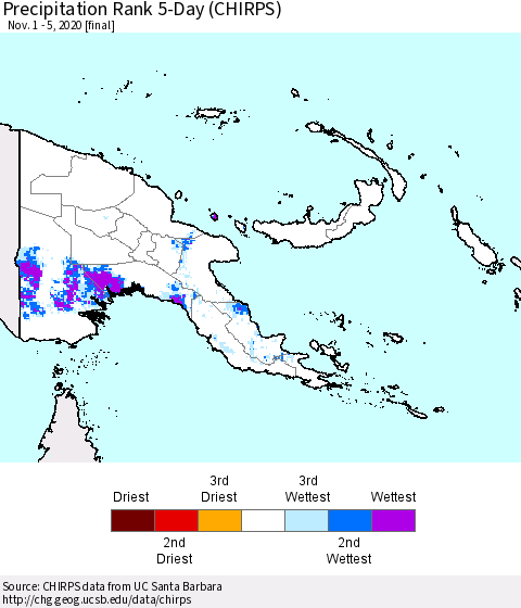 Papua New Guinea Precipitation Rank since 1981, 5-Day (CHIRPS) Thematic Map For 11/1/2020 - 11/5/2020