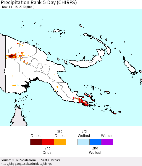 Papua New Guinea Precipitation Rank since 1981, 5-Day (CHIRPS) Thematic Map For 11/11/2020 - 11/15/2020