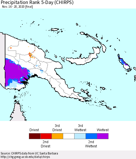 Papua New Guinea Precipitation Rank since 1981, 5-Day (CHIRPS) Thematic Map For 11/16/2020 - 11/20/2020