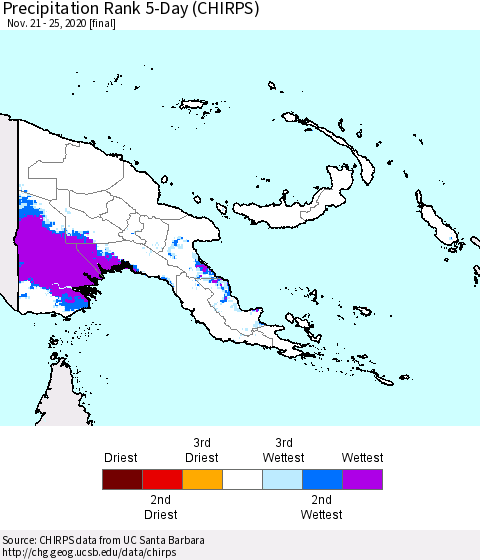 Papua New Guinea Precipitation Rank since 1981, 5-Day (CHIRPS) Thematic Map For 11/21/2020 - 11/25/2020