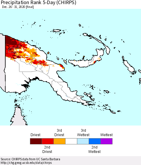 Papua New Guinea Precipitation Rank since 1981, 5-Day (CHIRPS) Thematic Map For 12/26/2020 - 12/31/2020