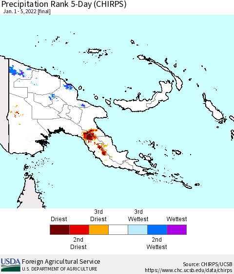 Papua New Guinea Precipitation Rank since 1981, 5-Day (CHIRPS) Thematic Map For 1/1/2022 - 1/5/2022
