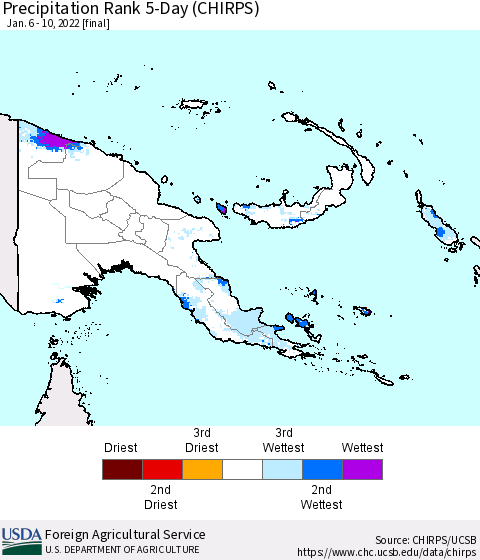 Papua New Guinea Precipitation Rank since 1981, 5-Day (CHIRPS) Thematic Map For 1/6/2022 - 1/10/2022