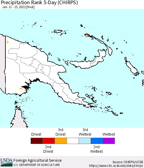 Papua New Guinea Precipitation Rank since 1981, 5-Day (CHIRPS) Thematic Map For 1/11/2022 - 1/15/2022