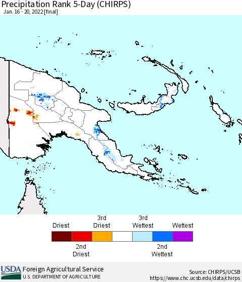 Papua New Guinea Precipitation Rank since 1981, 5-Day (CHIRPS) Thematic Map For 1/16/2022 - 1/20/2022