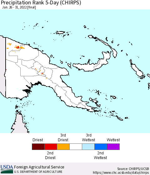 Papua New Guinea Precipitation Rank since 1981, 5-Day (CHIRPS) Thematic Map For 1/26/2022 - 1/31/2022