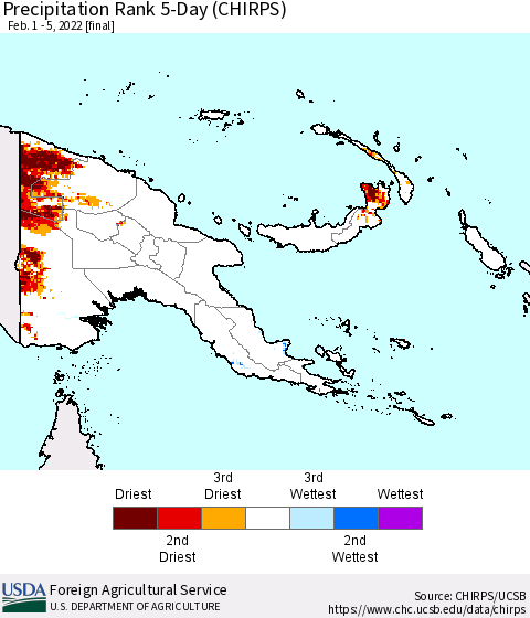 Papua New Guinea Precipitation Rank since 1981, 5-Day (CHIRPS) Thematic Map For 2/1/2022 - 2/5/2022