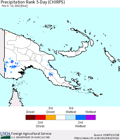 Papua New Guinea Precipitation Rank since 1981, 5-Day (CHIRPS) Thematic Map For 2/6/2022 - 2/10/2022