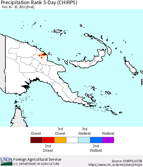 Papua New Guinea Precipitation Rank since 1981, 5-Day (CHIRPS) Thematic Map For 2/16/2022 - 2/20/2022