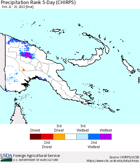 Papua New Guinea Precipitation Rank since 1981, 5-Day (CHIRPS) Thematic Map For 2/21/2022 - 2/25/2022