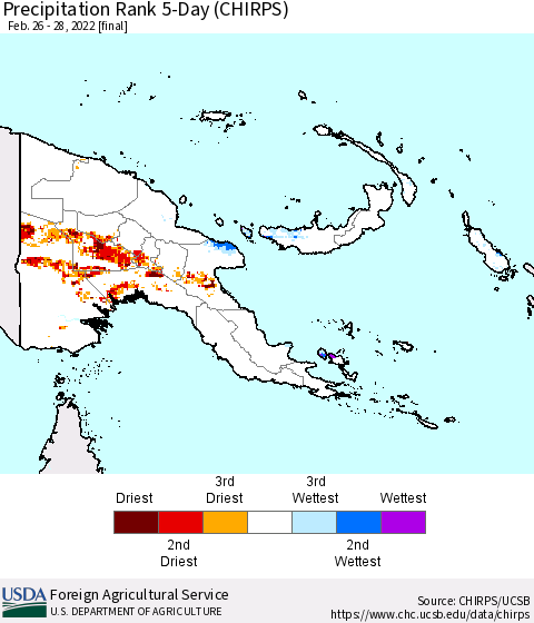 Papua New Guinea Precipitation Rank since 1981, 5-Day (CHIRPS) Thematic Map For 2/26/2022 - 2/28/2022