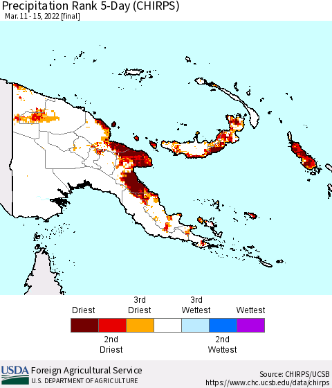 Papua New Guinea Precipitation Rank since 1981, 5-Day (CHIRPS) Thematic Map For 3/11/2022 - 3/15/2022