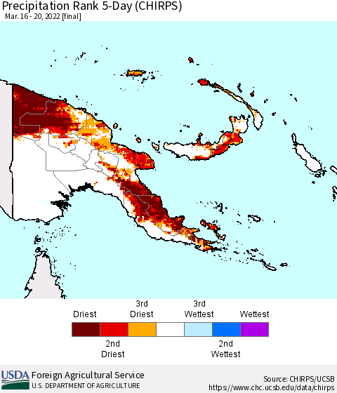 Papua New Guinea Precipitation Rank since 1981, 5-Day (CHIRPS) Thematic Map For 3/16/2022 - 3/20/2022