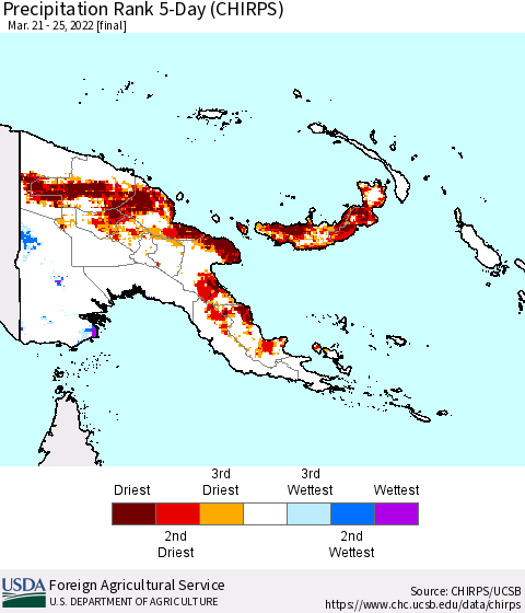 Papua New Guinea Precipitation Rank since 1981, 5-Day (CHIRPS) Thematic Map For 3/21/2022 - 3/25/2022
