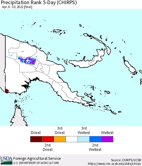 Papua New Guinea Precipitation Rank since 1981, 5-Day (CHIRPS) Thematic Map For 4/6/2022 - 4/10/2022