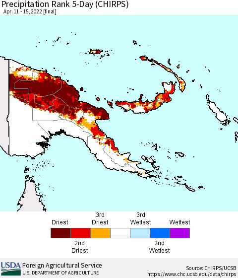 Papua New Guinea Precipitation Rank since 1981, 5-Day (CHIRPS) Thematic Map For 4/11/2022 - 4/15/2022