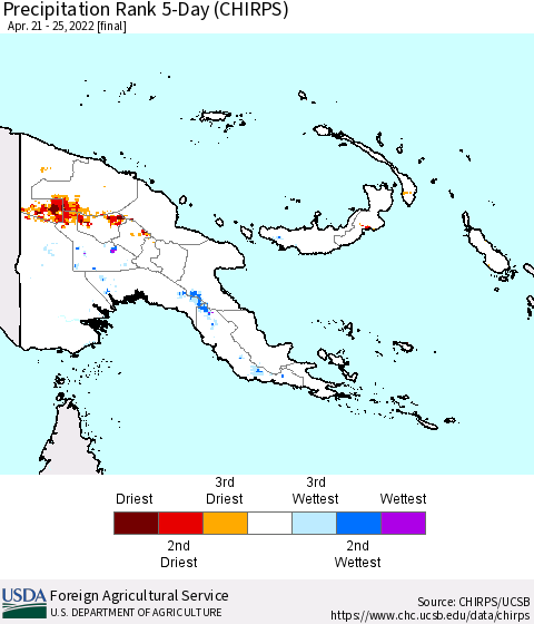 Papua New Guinea Precipitation Rank since 1981, 5-Day (CHIRPS) Thematic Map For 4/21/2022 - 4/25/2022