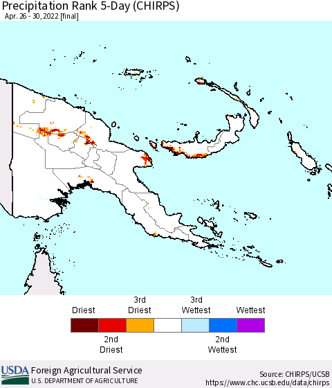 Papua New Guinea Precipitation Rank since 1981, 5-Day (CHIRPS) Thematic Map For 4/26/2022 - 4/30/2022